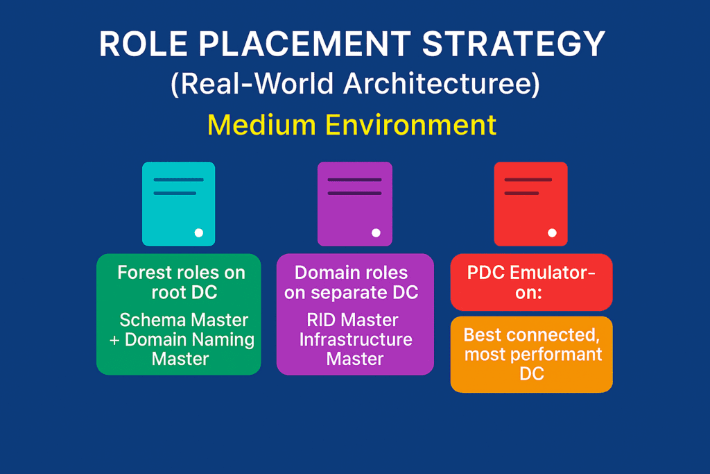 Diagram showing FSMO role placement in a medium Active Directory environment including Schema Master and Domain Naming Master on root DC, RID Master and Infrastructure Master on separate domain controller, and PDC Emulator on the most performant DC
