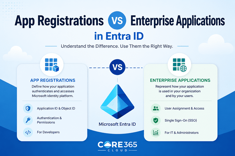 Professional infographic comparing App Registrations and Enterprise Applications in Microsoft Entra ID. The image shows a side-by-side comparison explaining that App Registrations define application identity, authentication, API permissions, and developer settings, while Enterprise Applications manage user access, Single Sign-On (SSO), application assignments, and organizational usage. The Microsoft Entra ID logo is displayed in the center with Core365 Cloud branding at the bottom.