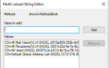 Attribute Editor tab in ADUC showing showInAddressBook attribute with tombstoned DN values