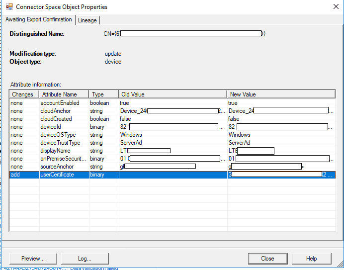 Connector Space Object Properties showing userCertificate awaiting export