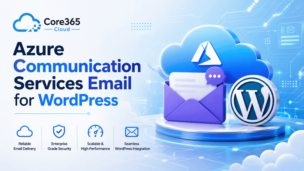Azure Communication Services email banner for with Core365 Cloud logo