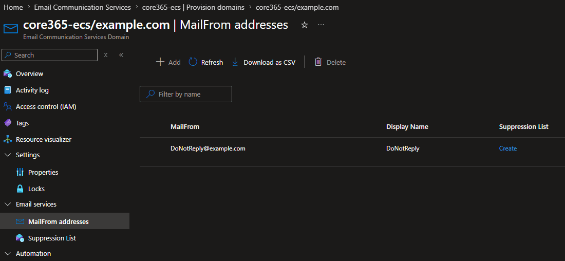 Azure MailFrom addresses table showing a default DoNotReply sender address under a verified domain