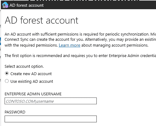 AD forest account page in Microsoft Entra Connect with options to create a new AD account or use an existing one