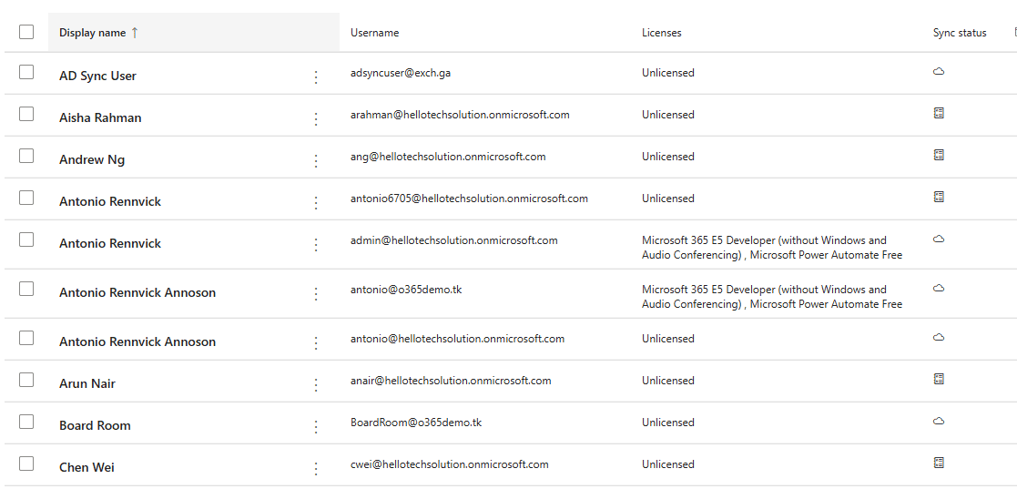 Microsoft Entra admin center Users list showing synced on-premises accounts with sync status icons