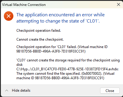 "PowerShell output of Get-VMHardDiskDrive showing the VM pointing to a missing AVHDX file"