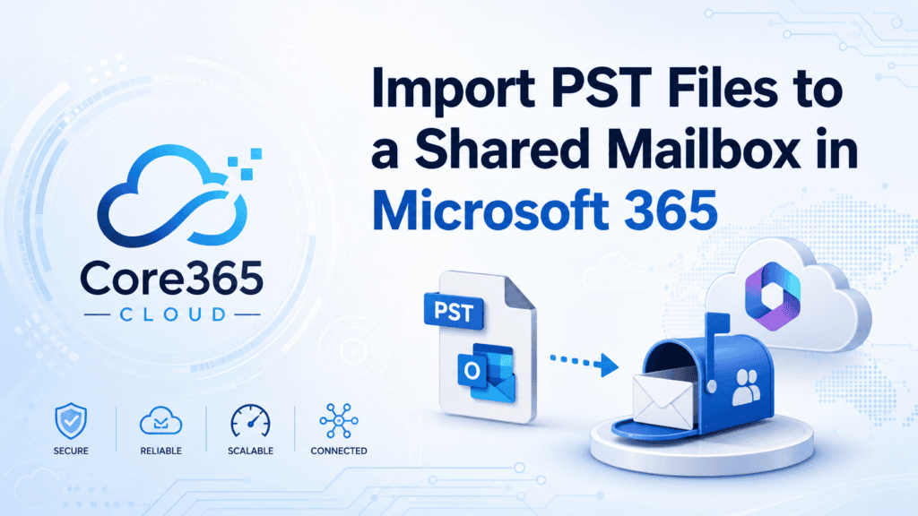 Diagram overlay showing PST file import into a Microsoft 365 shared mailbox
