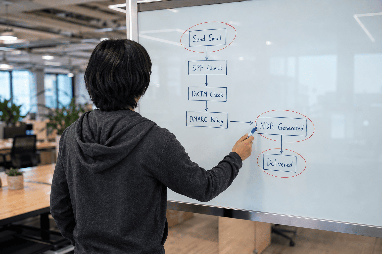 IT administrator at a whiteboard with email troubleshooting flowchart showing SPF DKIM DMARC and NDR steps