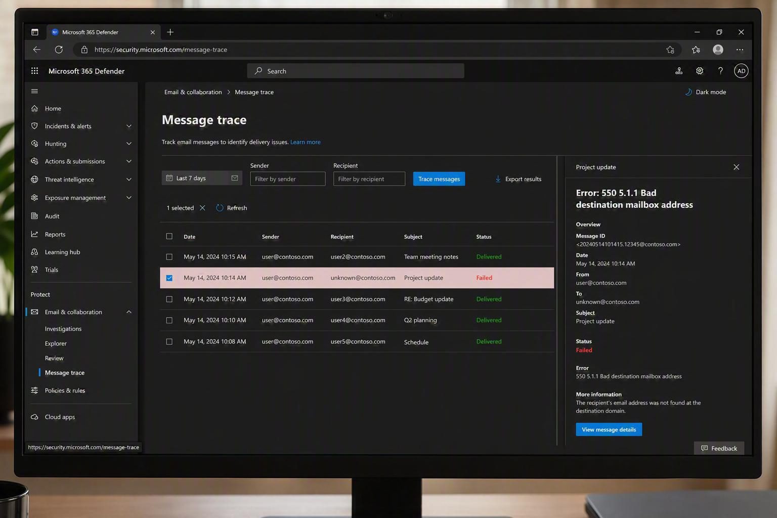 Microsoft 365 Defender portal message trace results showing a failed email delivery with NDR error code 550 5.1.1