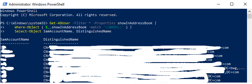 PowerShell console output listing Active Directory users with stale showInAddressBook values