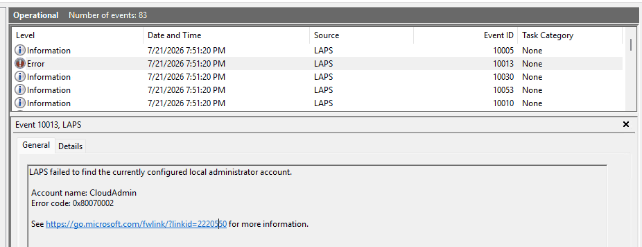 Event Viewer showing LAPS Event ID 10013 error stating the configured local administrator account was not found